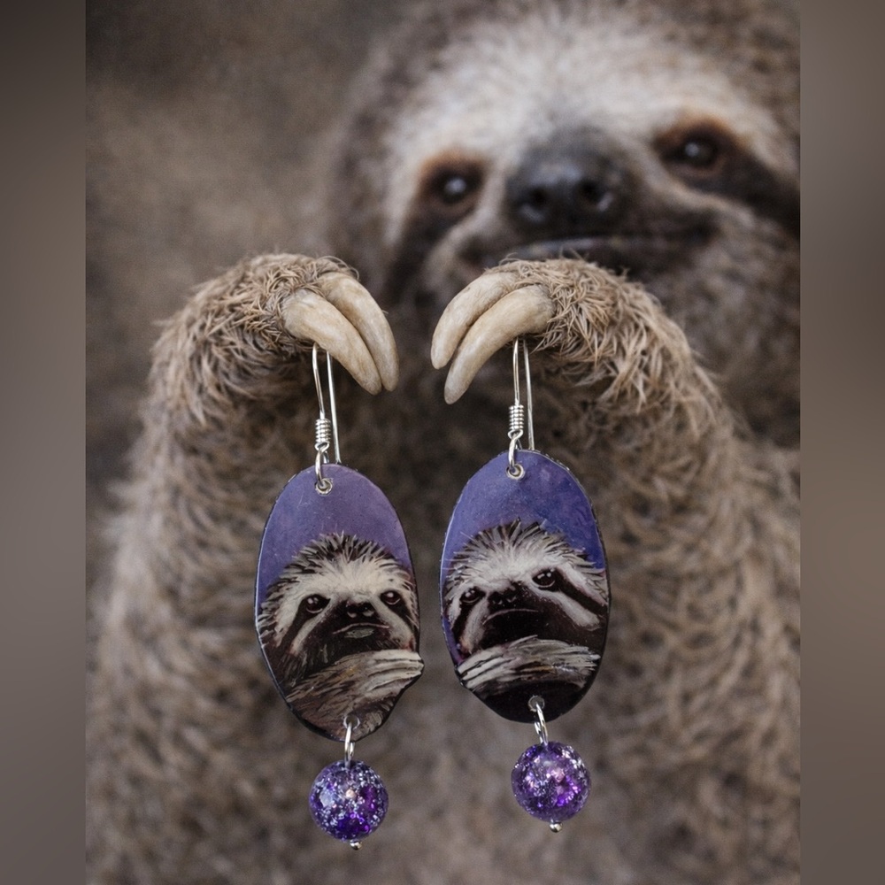 Hand Painted sloth earrings sterling wires, purple bead OOAK wildlife earrings